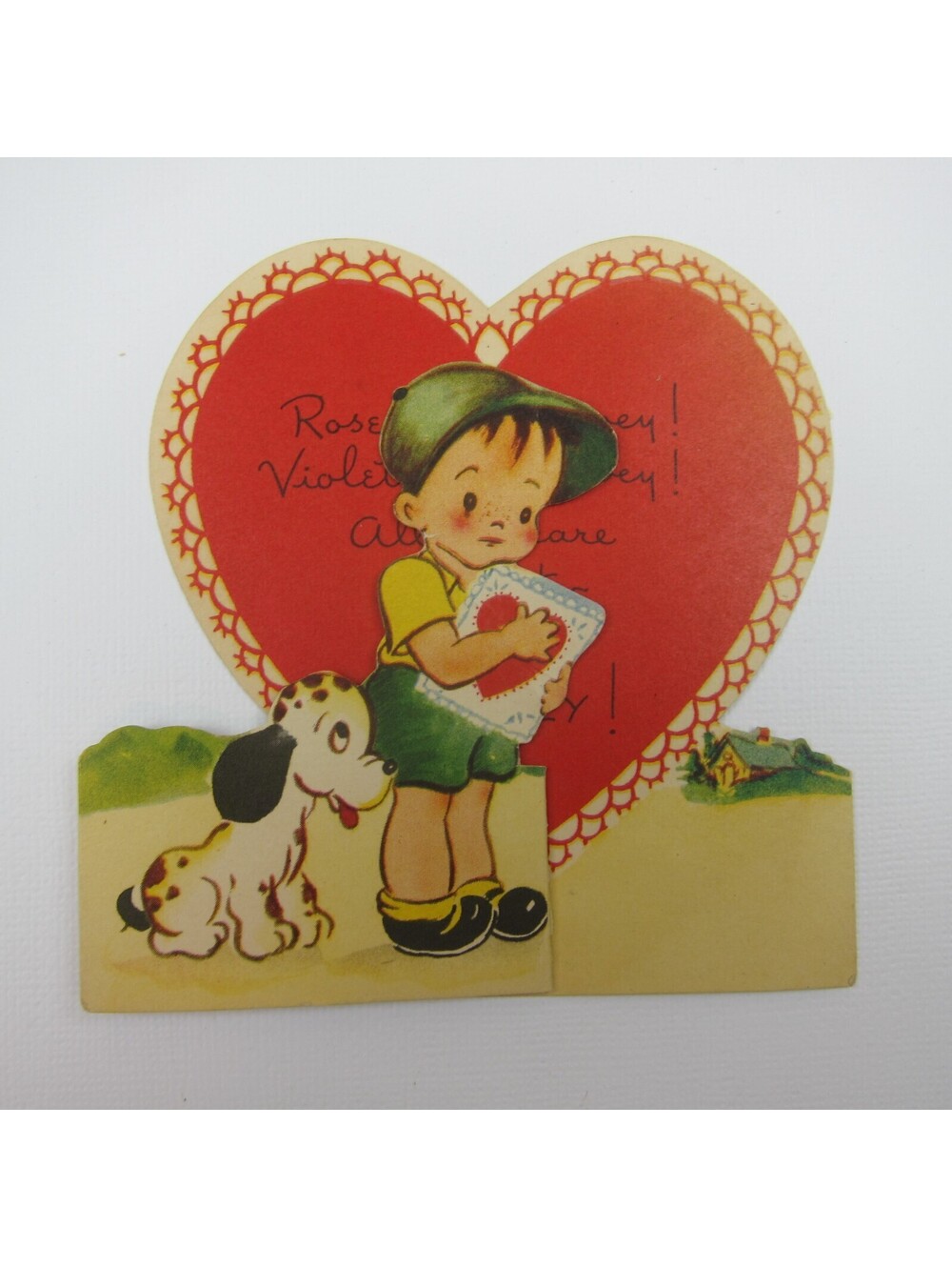 Vintage Valentine Boy & Dalmatian Puppy Dog Red Heart Card Foldout Americard